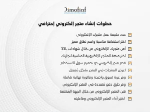 خطوات إنشاء متجر إلكتروني إحترافي: 1- تحديد طبيعة عمل المتجر الإلكتروني الخاص بك - 2- إختيار استضافة مناسبة واسم نطاق لمتجرك الإلكتروني - 3- اختر منصة المتاجر الإلكترونية المناسبة لتجارتك الإلكترونية - 4- تقديم متجر إلكتروني ذو تصميم احترافي وسهل الاستخدام - 5- عرض المنتجات في المتجر الإلكتروني بشكل تفصيلي شامل - 6- توفير عربة للتسوق وفاتورة نهائية شاملة داخل المتجر الإلكتروني - 7- توفير طرق دفع مُتعددة في المتجر الإلكتروني - 8- تأمين المتجر الإلكتروني من خلال شهادات الحماية - 9- تقنين المتجر الإلكتروني الخاص بك من خلال الجهات الحكومية المُختصة - 10- إختبار أداء المتجر الإلكتروني وفاعليته ثم إطلاقه 